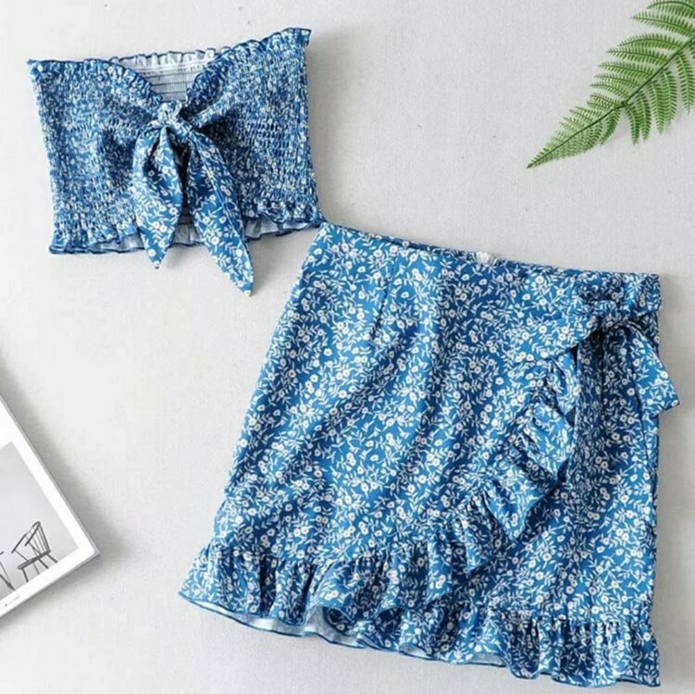 Floral Ruffle Skirt and Crop Top Set - two piece